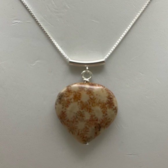 Jewelry - Heart-Shaped Brown Fossil Coral Stone Necklace with Sterling Silver Chain